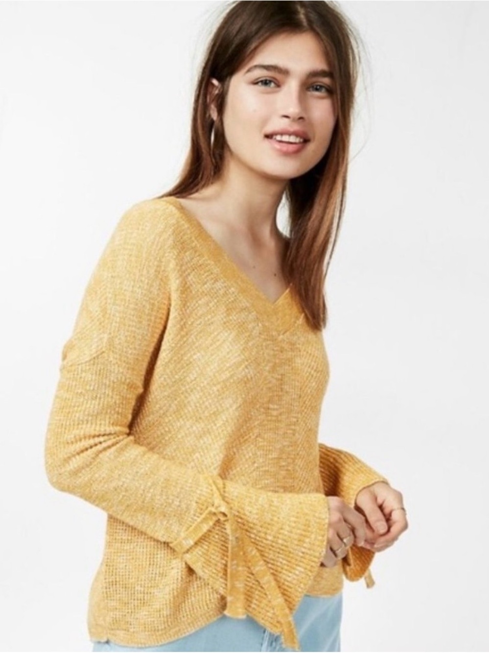 Express Yellow V-Neck Bell-Sleeve Sweater